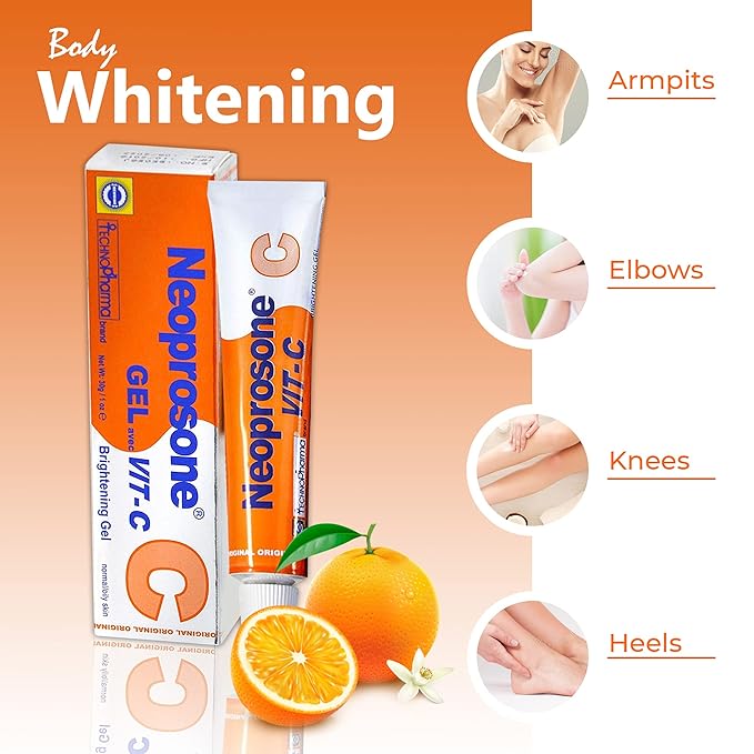 Neoprosone, Vitamin C Gel - 1 Fl oz / 30 ml - Brightening Gel Cream for Neck, Face, Body, Armpit, Hands - For Women and Men, with Alpha Arbutin