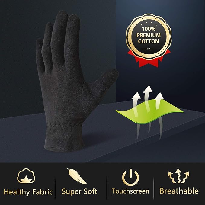 Evridwear 100% Cotton Touchscreen Moisturizing Beauty Gloves with Elastic Cuff, Natural Cosmetic Therapy Gloves for Eczema SPA Dry Hands Care Overnight (Black, Small) 5 Pairs