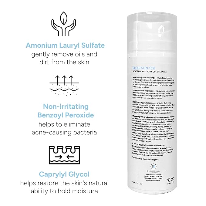 Rachel Moayer Clear Acne Face Wash & Acne Body Wash Gel Cleanser with 10% Benzoyl Peroxide, Ideal for Back Acne, Clear and Prevent Breakouts with Body Wash for Acne Prone Skin, Non-Irritating Formula