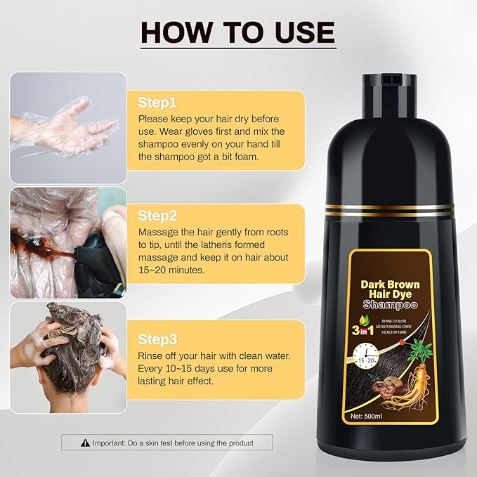 Cosmpro Dark Brown Natural Hair Dye Shampoo 3 in 1, 16.9 Fl Oz/500 ML, Semi-Permanent Gray Hair Coverage, Unisex, Natural Ingredients,