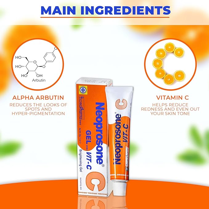 Neoprosone, Vitamin C Gel - 1 Fl oz / 30 ml - Brightening Gel Cream for Neck, Face, Body, Armpit, Hands - For Women and Men, with Alpha Arbutin
