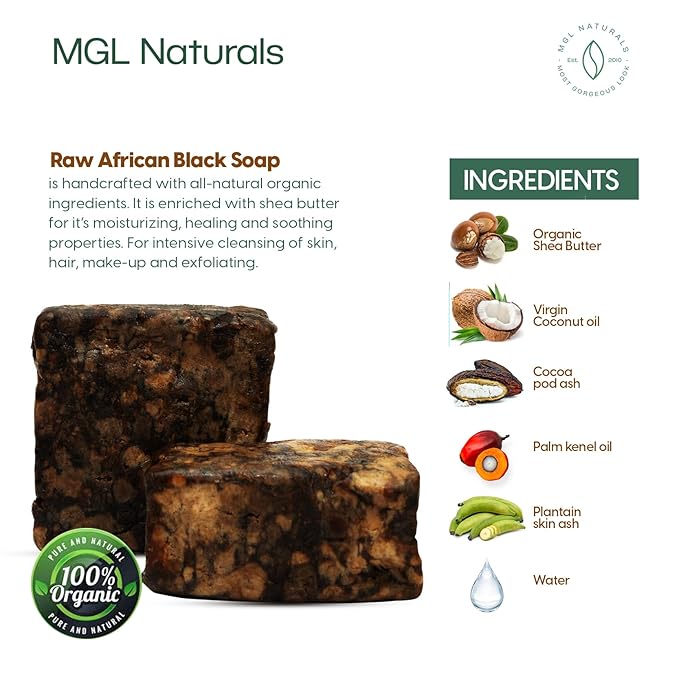 Raw African Black Soap 2.2 lb from Ghana, Africa | Vegan & Organic | Face and body deep cleanse wash. 35.3oz | 2.2 lb | 1kg
