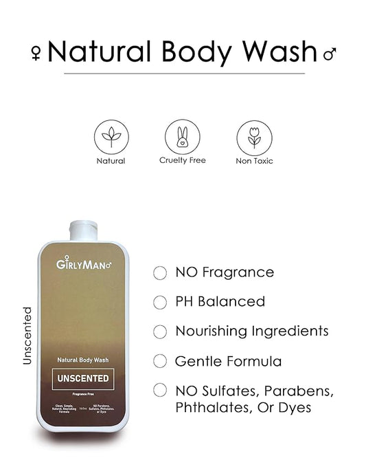 GirlyMan Natural Body Wash - Made with Olive Oil & Aloe Extract, No Artificial Fragrance, PH Balanced, Gentle Formula, Nourishing Ingredients, Family Owned (Unscented)