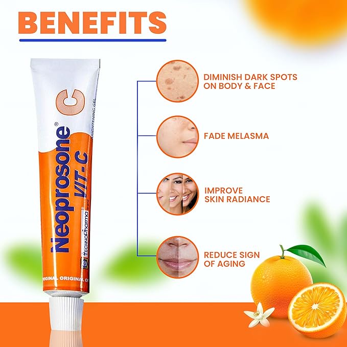 Neoprosone, Vitamin C Gel - 1 Fl oz / 30 ml - Brightening Gel Cream for Neck, Face, Body, Armpit, Hands - For Women and Men, with Alpha Arbutin