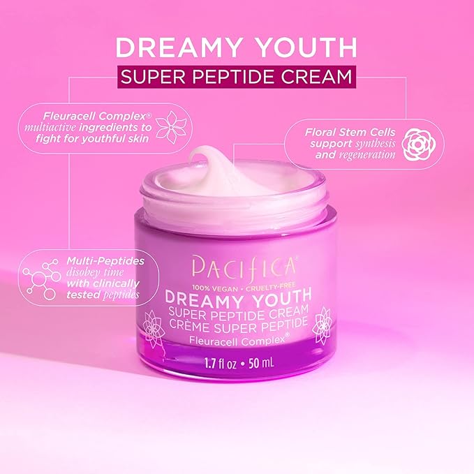 Pacifica Dreamy Youth Super Peptide Cream – Daily Anti-Aging Moisturizer with Concentrated Peptides & Floral Stem Cells, Hydrating Face Cream for Fine Lines & Wrinkles, Rejuvenates & Restores, Vegan