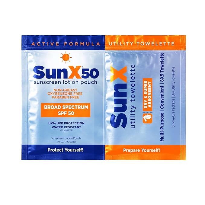 CoreTex Sun X 50 Broad Spectrum Sunscreen Packets & Dry Towels Duo Kit - Pack of 100 Paraben, Oxybenzone, Octinoxate, & Oil Free Sunscreen - No White Cast and Water & Sweat Resistant Up to 80 Minutes