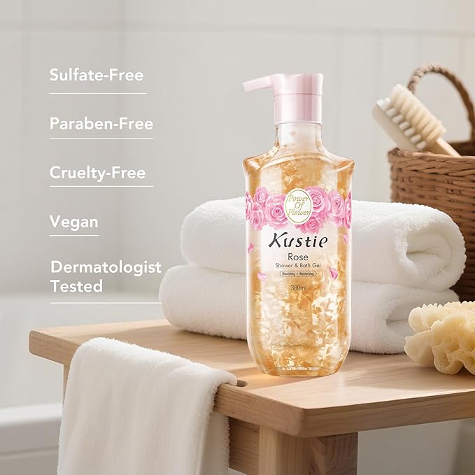 Kustie Rose Anti-Aging Body Wash, Real Petals & Rose Oil, 24H Fragrance & Deep Moisturizing, Clear Free Radicals Cleanse Perfume Shower Gel for Dry & Mature Skin with Pump Bottle, 12.8 fl oz