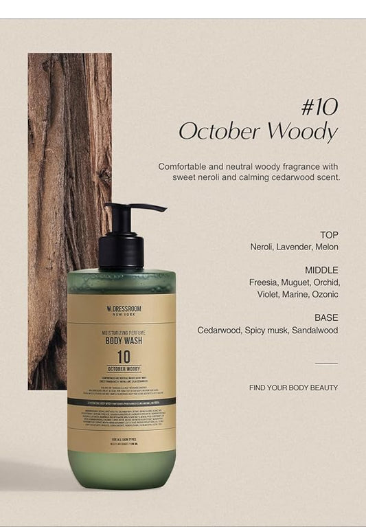 W.Dressroom Perfume Body Wash, Moisturizing Cleanser with Refreshing Scent, Gentle Hydrating Shower Gel, Korean Skincare, No.10 October Woody Scent, 16.9 fl oz (500 ml)
