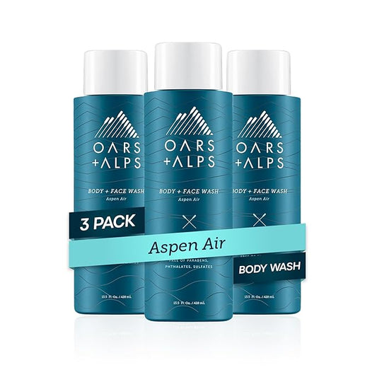 Oars + Alps Mens Moisturizing Body and Face Wash, Skin Care Infused with Vitamin E and Antioxidants, Sulfate Free, Aspen Air, 3 Pack