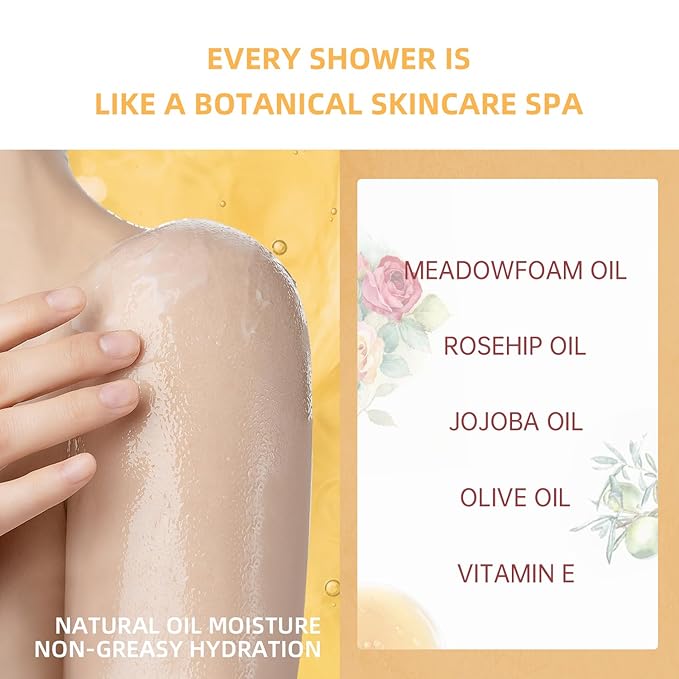 NOUGAT Pampered Shower Oil, Makeup & Sunscreen Removal, Free-from Formular, Oil-to-Milky Lather, Cleanse without Drying with Luxury Botanical Oils, Delicate Perfume,Smooth Skin,Vitamin E