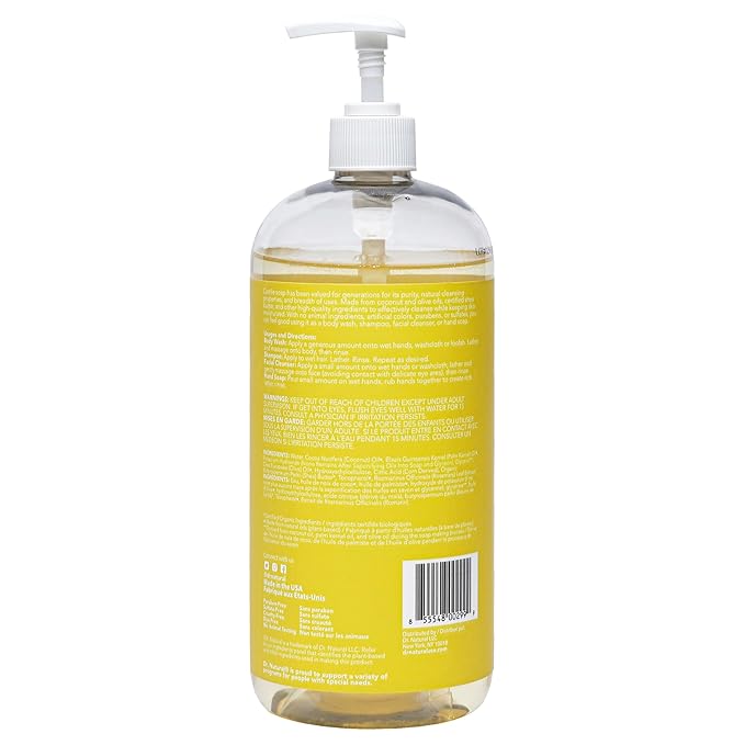 Dr. Natural Castile Liquid Soap - Multi-Use Body Wash, Shampoo and Face Wash - Body Soap for Skin, Hair, Pets and Home - Unscented Baby - 2 pc