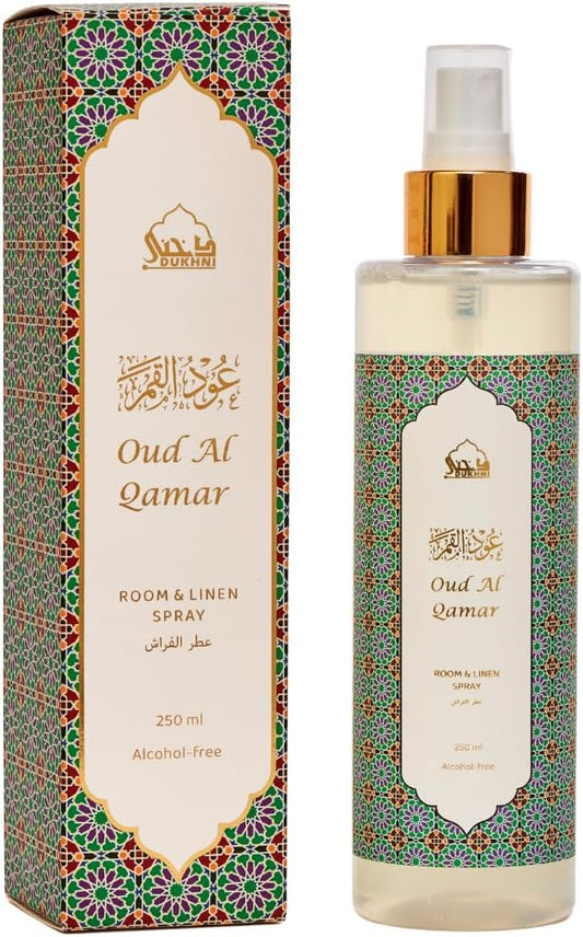 Oud al Qamar Arabic Room Spray by Dukhni | 250ml Oud fragrance Air Freshener, Attar al Faraash for home & prayer mats | Bed linen, Sofa Mist, natural home scent, curtain spray, odour eliminator