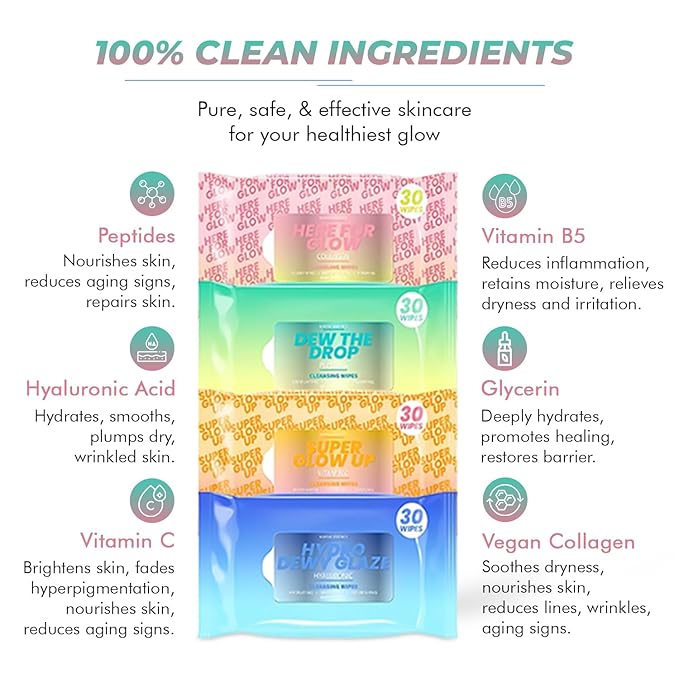 Vitamin C, Collagen, Peptides & Hyaluronic Acid Facial Wipes - Dermatologist Tested, Anti-Aging, Korean Skin Care, Brightening & Hydrating - Gentle, Vegan, 95% Natural- 4 Pack