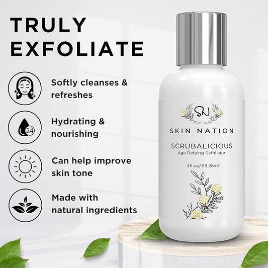 Skin Nation Scrubalicious Exfoliator, Gentle Face Scrub with Glycolic Acid, Jojoba Beads, Aloe Vera, Smooths Rough Skin, Hydrating Cleanser for Oily and Sensitive Skin, 4 oz