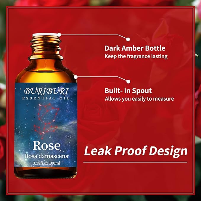 BURIBURI Rose Essential Oil 100ML Gifts Set 100% Pure Natural Undiluted Aromatherapy Rose Oil 3.38fl.oz for Soap, Candle Making, Massage, Diffuser, Humidifier