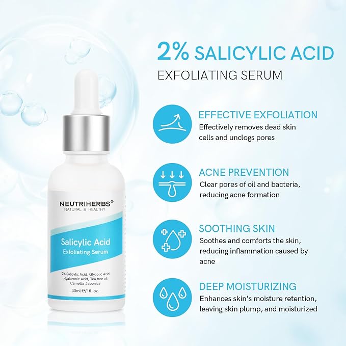 NEUTRIHERBS Salicylic Acid Exfoliating Serum, Unclogged And Minimized Pores, Face Serum For Acne Prone & Oily Skin - 1 fl oz