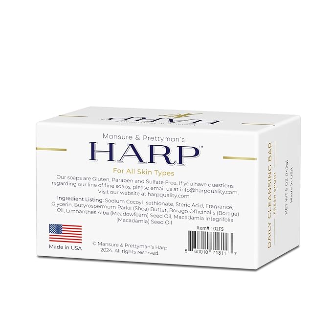 HARP pH-Balanced (5.0-6.0) Body Wash Bar. ZERO saponified oils. Protects Moisture Barrier. Gentle for Sensitive/Dry skin. + Shea Butter/Borage Oil. Non-Comedogenic. FRESH SPORT Fragrance. 5oz