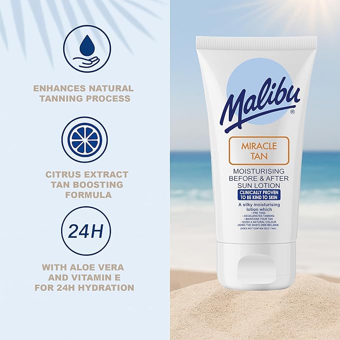 Malibu Miracle Tan Extender Lotion - After Sun Lotion & Deep Bronzing Enhancer, Hydrating Body Moisturizer with Aloe Vera & Vitamin E, Boosts Melanin, Summer Vacation Essential, Made in UK, 5 Fl Oz