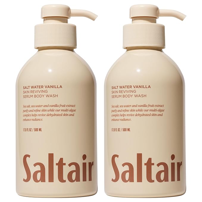 Saltair Body Wash, Salt Water Vanilla 2-Pack. Moisturizing Body Cleanser with Monoi Oil and Cupuacu Butter. Luxury Shower Gel for Women and Men. Vegan, Cruelty-Free, Paraben-Free. 2x 17oz Pump Bottles