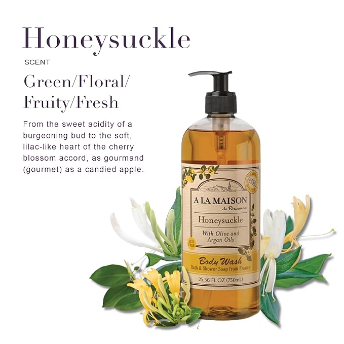 A LA MAISON French Hydrating Liquid Body Wash, Honeysuckle - Natural Body Wash Made with Essential Oils - Biodegradable, Plant-Based, Vegan, Cruelty-Free, Alcohol & Paraben Free (25.36 oz, 1 Pack)