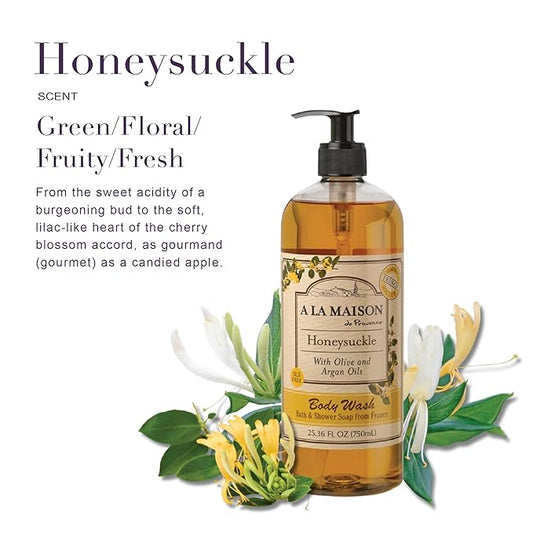 A LA MAISON French Hydrating Liquid Body Wash, Honeysuckle - Natural Body Wash Made with Essential Oils - Biodegradable, Plant-Based, Vegan, Cruelty-Free, Alcohol & Paraben Free (25.36 oz, 1 Pack)