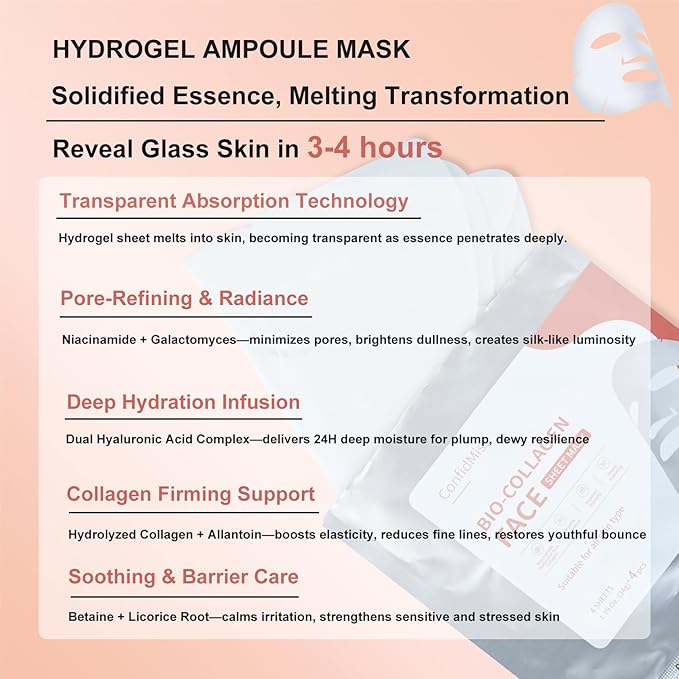 Bio-Collagen Real Deep Face Mask,with Niacinamide Hyaluronic Acid Collagen Deeply Hydrating Brightening Anti-Aging Elasticity Improvement Overnight Facial Mask For Glass Glow Skin 4 Sheets