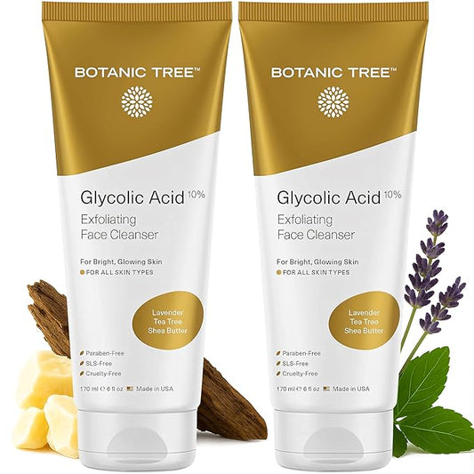 Botanic Tree Glycolic Acid Face Wash, Exfoliating Facial Cleanser For Facial Skin Care, Acne Treatment Face Scrub, 10% Glycolic and Salicylic Acid 6 fl. oz (2 pack)