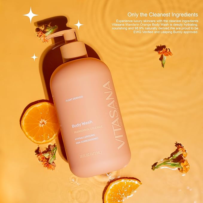 Vitasana Natural Body Wash for Sensitive Skin, 16 oz – Mandarin Orange Scent, 98.9% Plant‑Derived, EWG Verified, Hypoallergenic, Paraben‑Free, Sulfate‑Free, Cruelty‑Free