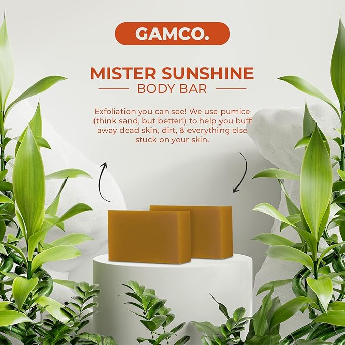 Grown Ass Man Co. Exfoliating Body Bars - Solid Soap with Natural Oils & Gentle Scrub - Plastic Free & Eco-Friendly, Natural & Organic for All Skin, 4oz Bar - Mister Sunshine - Mild Exfoliant, 6-Pack