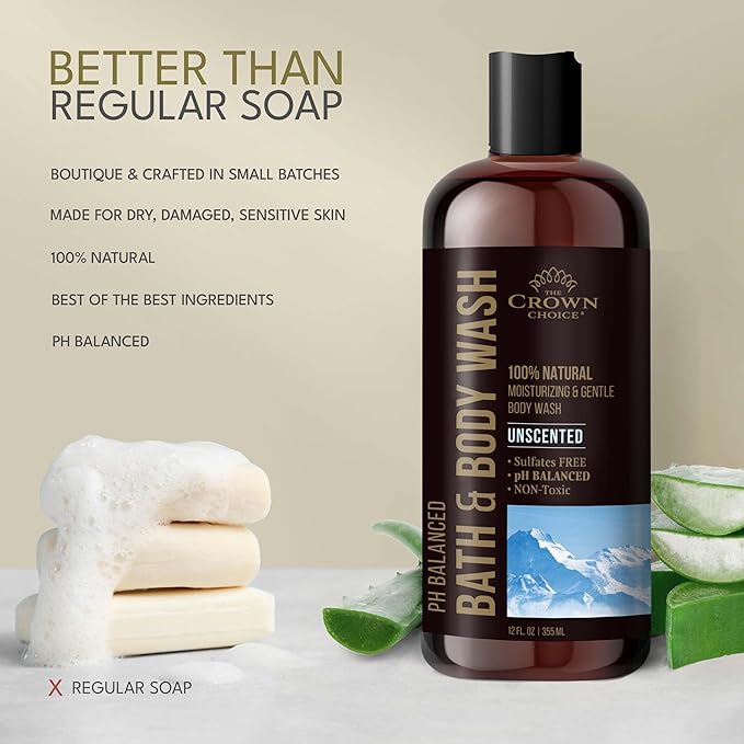 Natural Body Wash for Women, Men & Kids - Fragrance Free Body Wash - 12oz pH 5.5-Best pH Balance-Liquid Soap for All Skin Types-Moisturizing Sulfate & Chemical Free Shower / Bath Liquid Gel (1 PK)