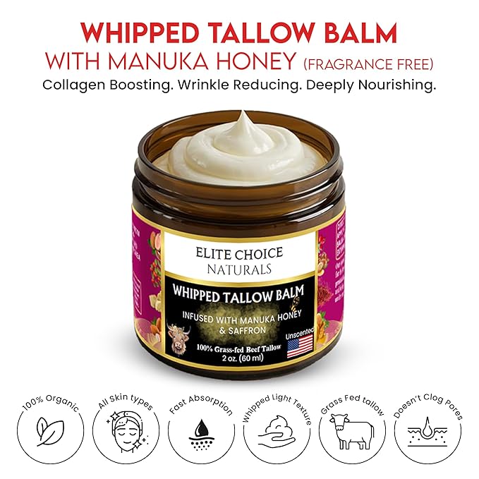 Whipped Tallow Balm with Raw Manuka Honey – Fragrance-Free & Essential Oil-Free, Anti-Aging Face, Neck & Décolleté Cream – Boosts Collagen, Reduces Wrinkles, Fine Lines, Puffiness & Sunburn (2 oz)