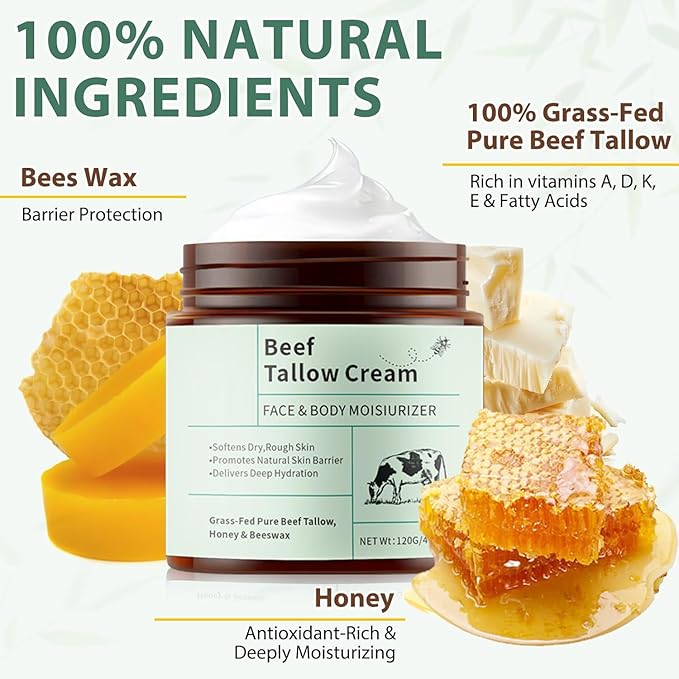 Beef Tallow for Skin – Whipped Tallow and Honey Balm with Grass-Fed Beef Tallow – Organic Daily Tallow Face Moisturizer & Body Balm – Deep Nourishment for Sensitive Skin - 4.2 Oz