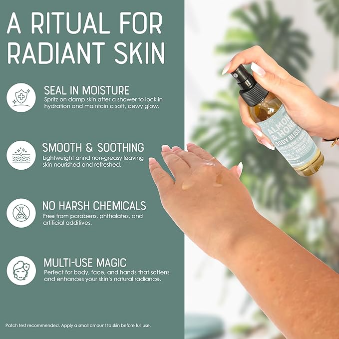 Rinse Bath & Body Almond & Honey Body Oil Moisturizer Spray - Natural, Light & Fast Absorbing | Squalane, Grapeseed & Apricot Oil | All Skin Types | Shower & Massage | Vitamin E | Handmade | 4floz