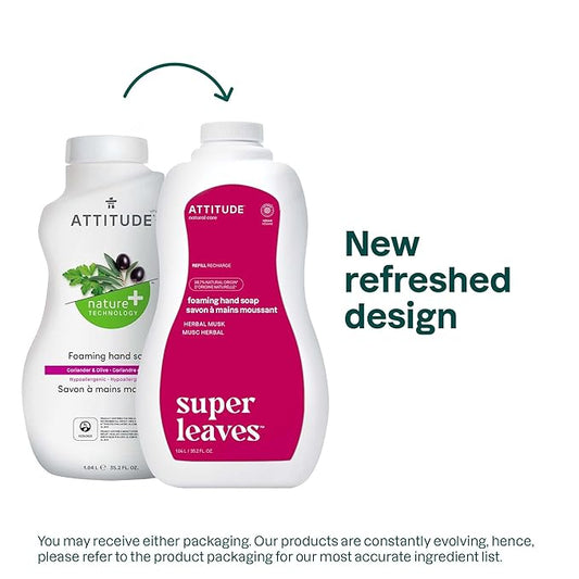 ATTITUDE Foaming Hand Soap, EWG Verified, Plant and Mineral-Based Ingredients, Vegan and Cruelty-free Personal Care Products, Herbal Musk, Bulk Refill, 35.2 Fl Oz