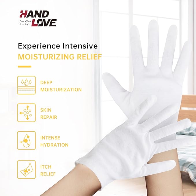 HandLove Premium 100% Cotton Gloves | Moisturizing Gloves for Dry Hands & Eczema | Overnight Sleeping Gloves, Eczema Gloves | Extended Wrist White Gloves with Pure White, 12 Pairs