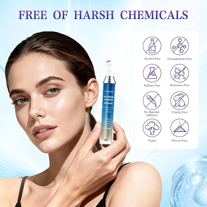 COSMOO Eye Serum,360°Rolling Massage Ball Under Eye Cream with 5% Caffeine,8% Retinol,Hyaluronic Acid for Dark Circles,Puffiness,Wrinkles Fine Lines,0.5 fl. oz