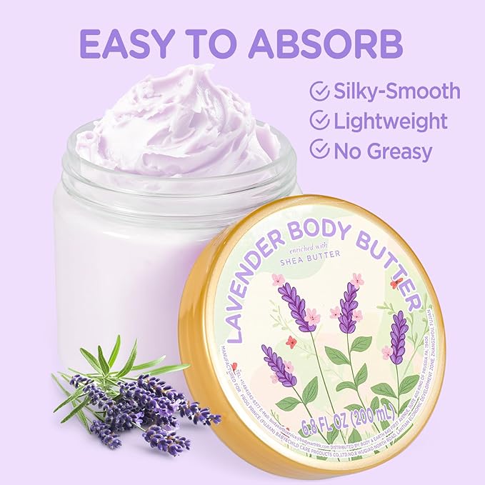 Lavender Body Butter, Natural Body Butter for Men Women Smell Good, Lavender Scented Shea Butter Body Cream, Body Moisturizer for Dry Skin 6.8 floz