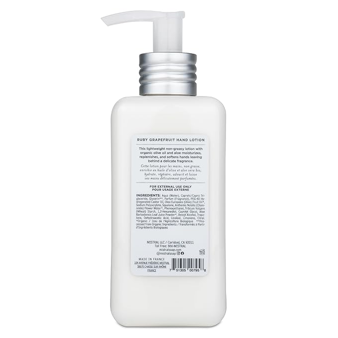 Mistral Ruby Grapefruit Hand Lotion, Organic Olive Oil and Aloe Vera, Non-Greasy Formula, Made in France