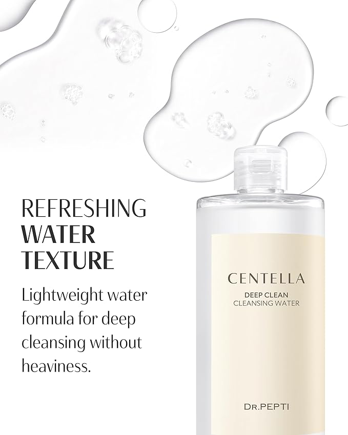 DR.PEPTI Centella Deep Clean Cleansing Water - Korean Micellar Makeup Remover Face Cleanser - pH Balancing Hydrating Gentle for Sensitive Dry Skin Apple Amino Acids Peptides, 13.5 fl.oz.