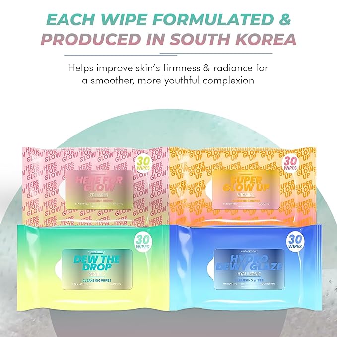 Vitamin C, Collagen, Peptides & Hyaluronic Acid Facial Wipes - Dermatologist Tested, Anti-Aging, Korean Skin Care, Brightening & Hydrating - Gentle, Vegan, 95% Natural- 4 Pack