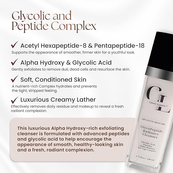 GlycoPeptide Radiance Cleanser β Gentle Exfoliating and Hydrating Face Wash with Glycolic Acid, AHAs, Peptides, Vitamins C and E β Radiance-Enhancing Daily Cleanser β 4.73 fl oz / 140ml