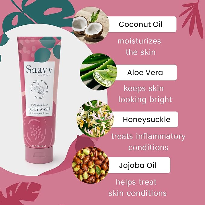Saavy Naturals Body Wash Bulgarian Rose Plant-Based Ingredients| Made In USA | Sensitive Skin Body Washl Organic Formula With Coconut Oil, Shea Butter, And Aloe Vera - 8.5 Fl Oz, 2 Pack