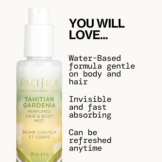 Pacifica Beauty, Tahitian Gardenia Hair Perfume & Body Spray, Citrus Gardenia and Jasmine Notes, Clean Perfume & Fragrance, Vegan & Cruelty Free, Phthalate-Free, Paraben-Free