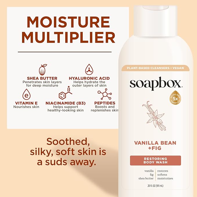 Soapbox Body Wash, Vanilla Bean & Fig Liquid Body Wash, Moisturizing Soap with Shea Butter, Vegan Duo Pack of 2 Soap Bottles, 20oz Each