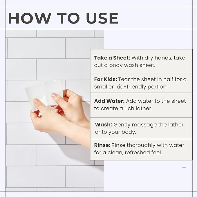 Body Wash Sheets in Tin, Zero Waste, Vegan, Paraben-Free, SLS-Free, Cruelty-Free, TSA-Friendly, Travel Soap Sheets, 1 Month Supply (30 Sheets, 60 Washes) (Body Wash Sheets in Tin)