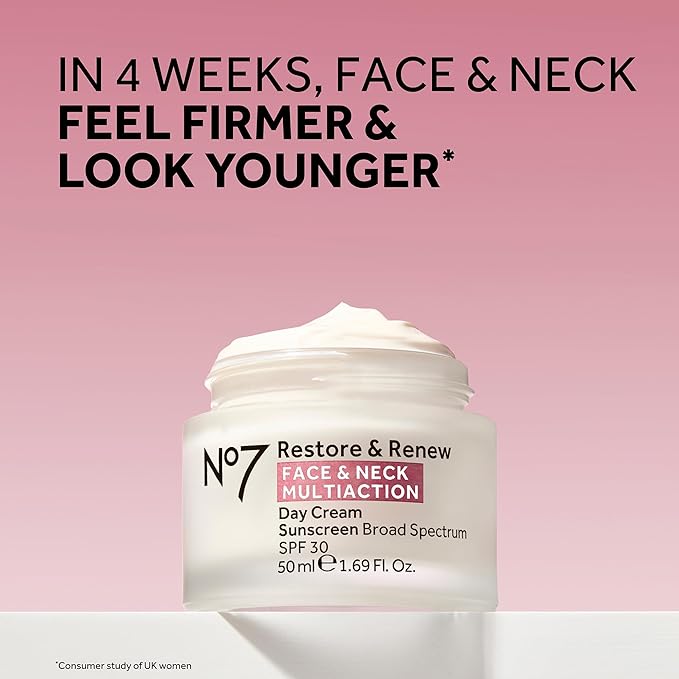 No7 Restore & Renew Multi Action Face & Neck Cream - Anti Aging Face Moisturizer with SPF 30 - Helps to Firm & Hydrate Crepey Skin - Formulated with Hyaluronic Acid, Peptides & Ceramides (1.69 Oz)