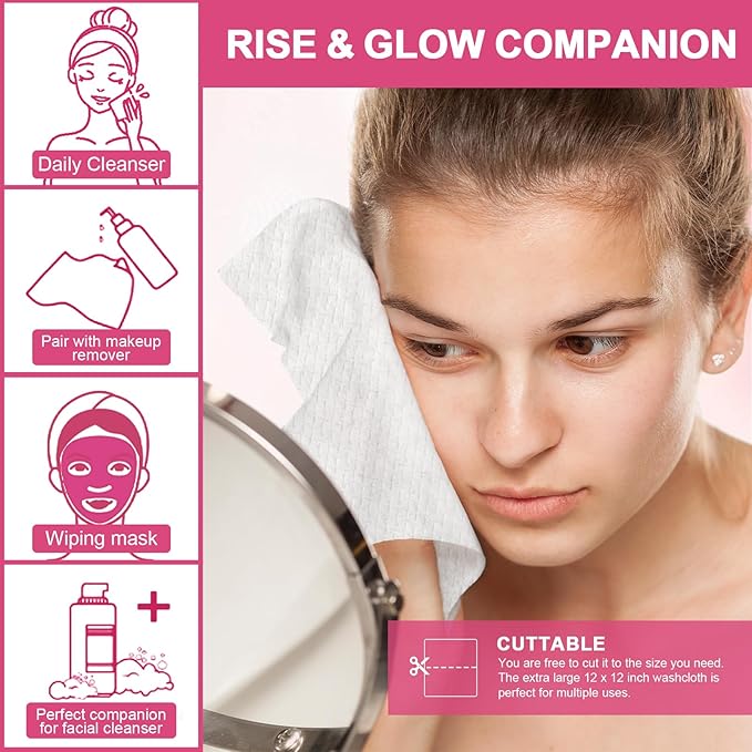 120 Count XXL Disposable Face Towels 12" × 12", 100% USDA Biobased Face Towelettes Disposable, Clean Facial Towels for Makeup and Clean Skin, Super Soft and Thick Dry Wipes Club