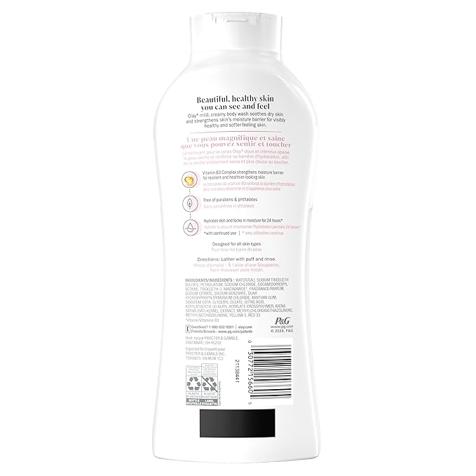 Olay Body Wash for Women, Ultra Moisture, For Sensitive Skin, Soothing Formula, 24hr Moisturizing, Hydrating & Refreshing, B3 Vitamin Complex, Free of Parabens & Phthalates, Oat Extract Scent,22 fl oz