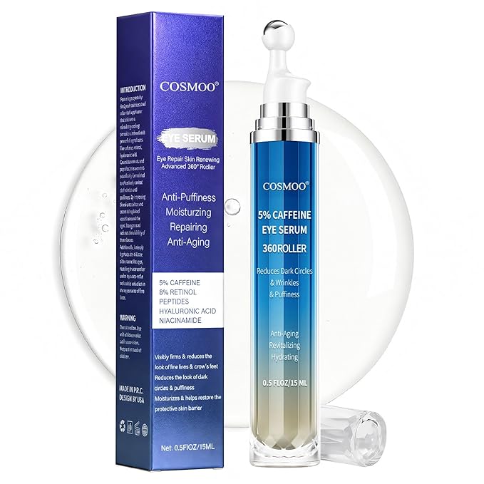 COSMOO Eye Serum,360°Rolling Massage Ball Under Eye Cream with 5% Caffeine,8% Retinol,Hyaluronic Acid for Dark Circles,Puffiness,Wrinkles Fine Lines,0.5 fl. oz