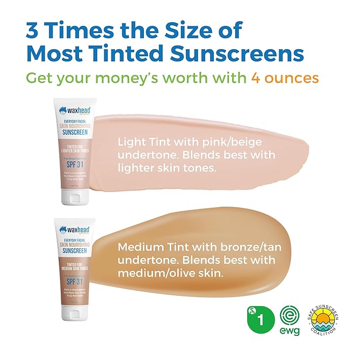 Waxhead Tinted Mineral Sunscreen for Face – Sheer Glow BB Cream Moisturizer with SPF 31, Non-Nano Zinc Oxide, Unscented, Non‑Comedogenic Mineral Facial Sunscreen, Wear under Makeup (Medium Tint 4oz)
